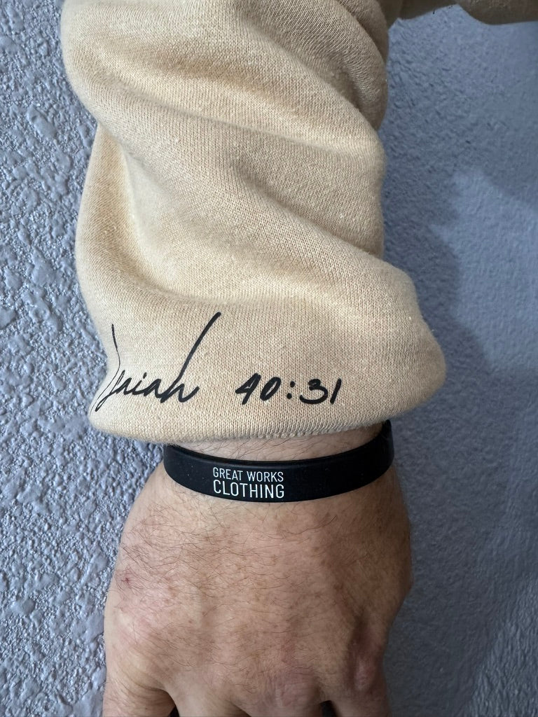 image of an arm with a heavyweight sleeve and a wristband for Great Works Clothing